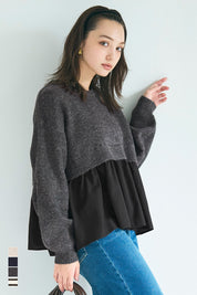 假兩件日系長袖毛衣娃娃上衣