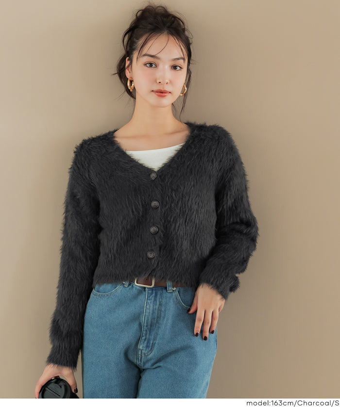 Luxurious furry V-neck cropped knitted cardigan