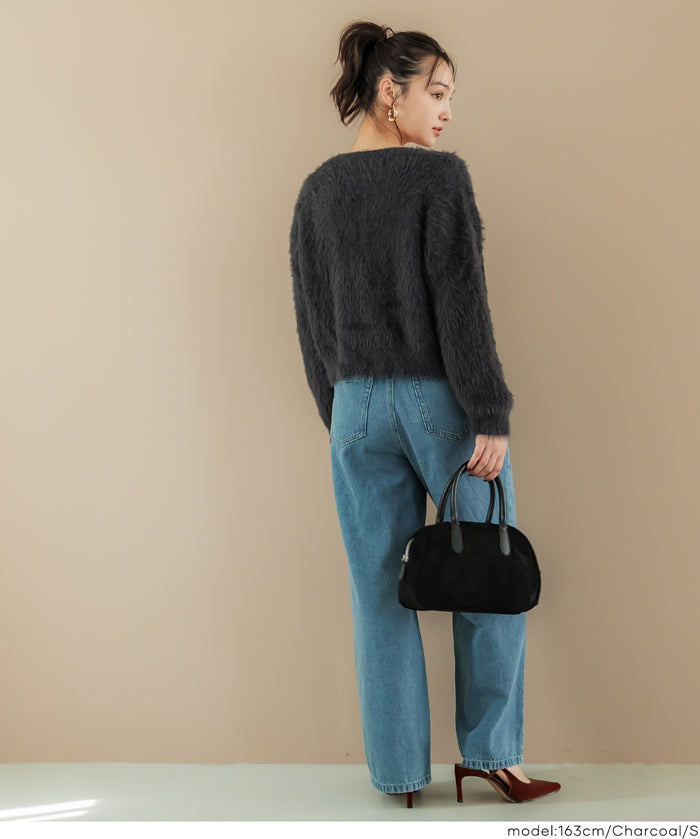 Luxurious furry V-neck cropped knitted cardigan