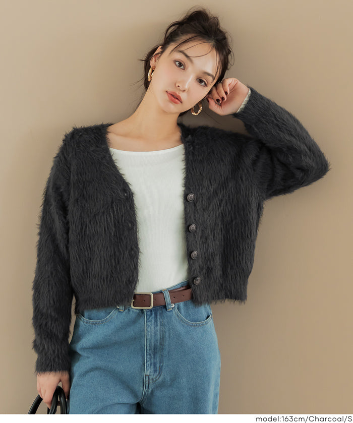 Luxurious furry V-neck cropped knitted cardigan