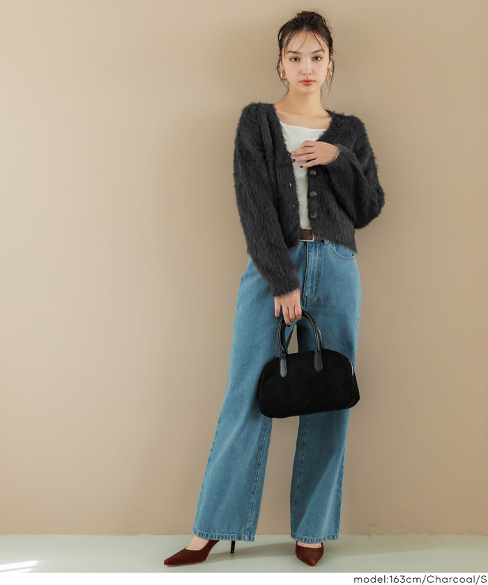 Luxurious furry V-neck cropped knitted cardigan