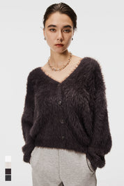 Luxurious furry V-neck cropped knitted cardigan