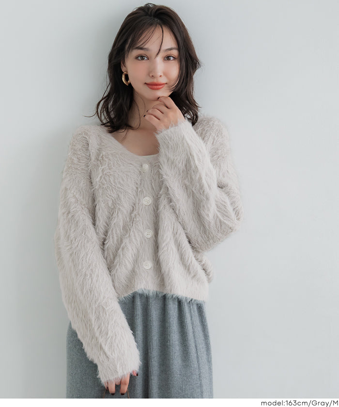 Luxurious furry V-neck cropped knitted cardigan