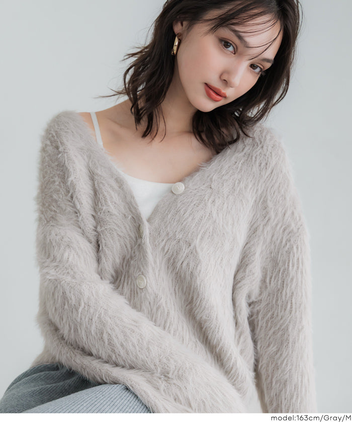 Luxurious furry V-neck cropped knitted cardigan