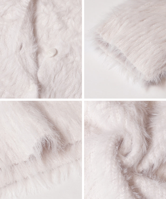 Luxurious furry V-neck cropped knitted cardigan