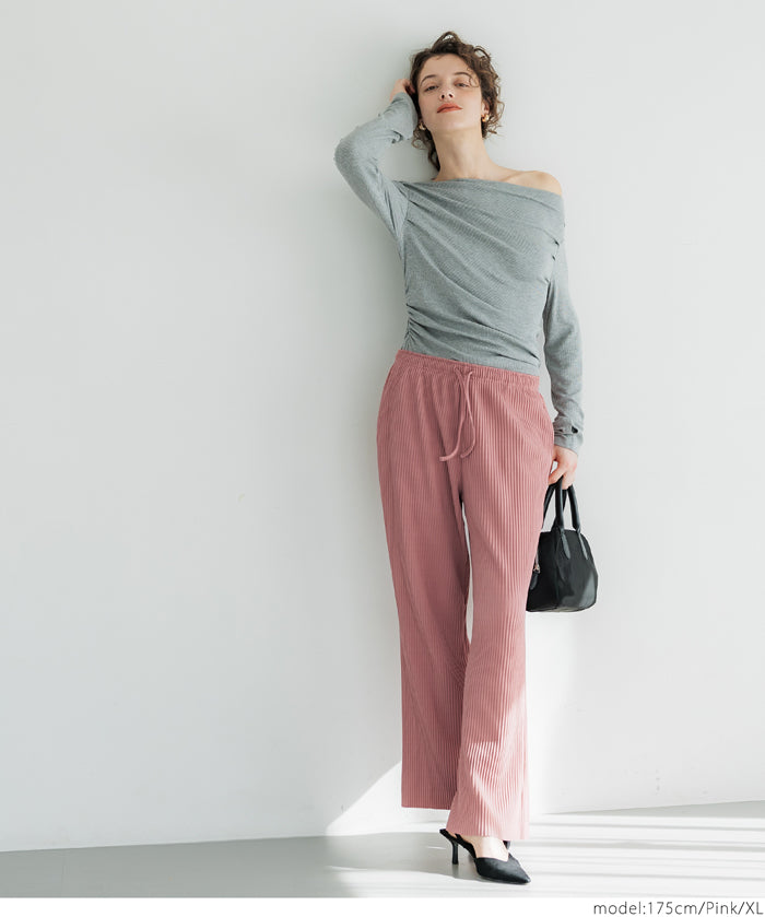 Self-cut georgette ribbed pants with pockets