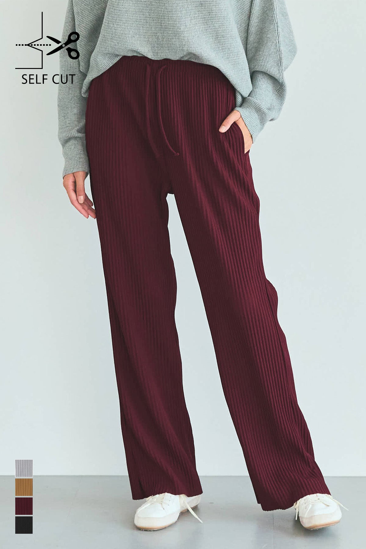 Self-cut georgette ribbed pants with pockets