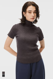High-neck short-sleeved fitted stretch-knit top