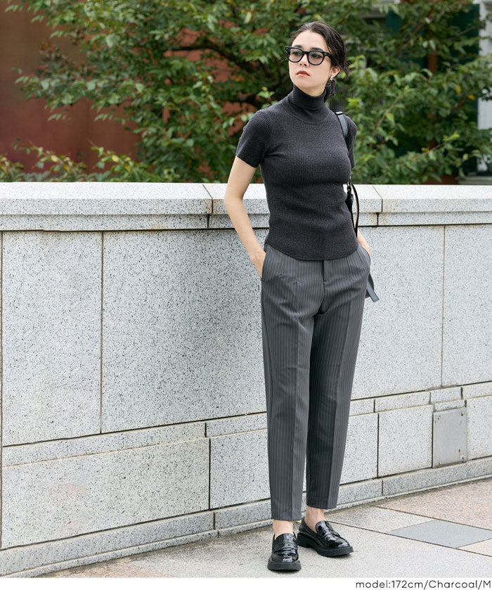 High-neck short-sleeved fitted stretch-knit top