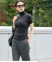 High-neck short-sleeved fitted stretch-knit top