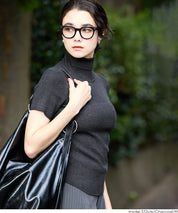 High-neck short-sleeved fitted stretch-knit top