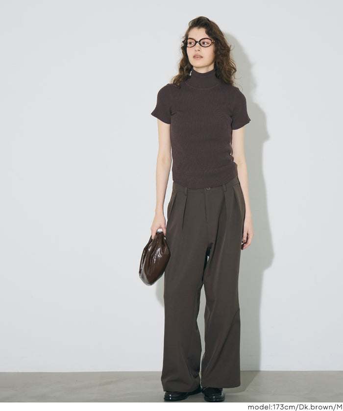 High-neck short-sleeved fitted stretch-knit top