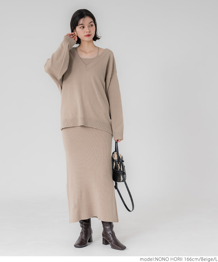 V-neck knit & camisole dress set