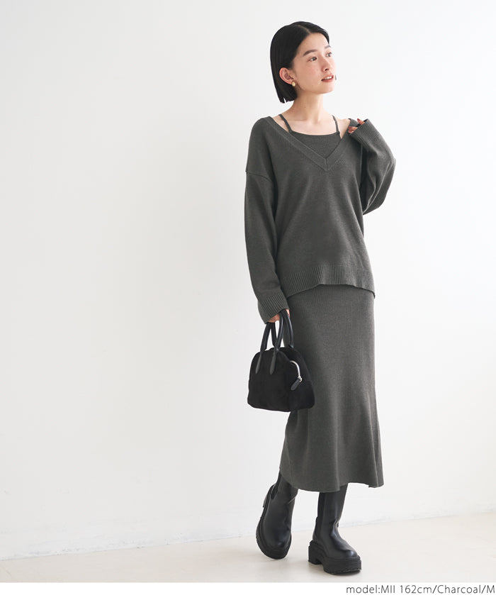 V-neck knit & camisole dress set