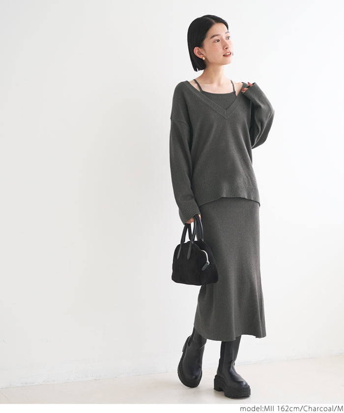 V-neck knit & camisole dress set