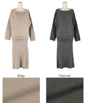 V-neck knit & camisole dress set