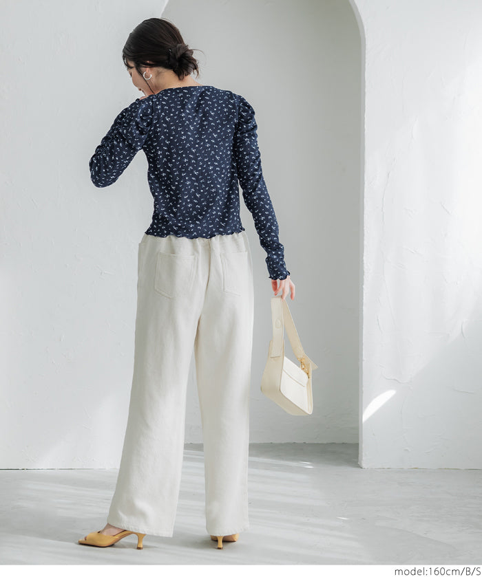 Thin pleated long sleeve round neck willow top