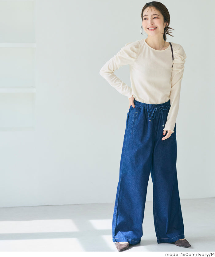 Thin pleated long sleeve round neck willow top