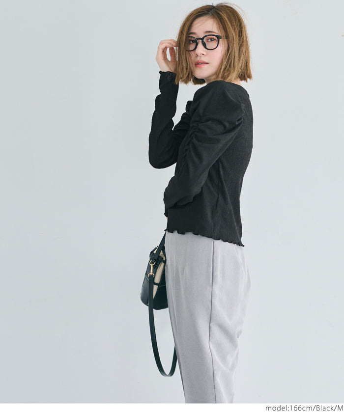 Thin pleated long sleeve round neck willow top