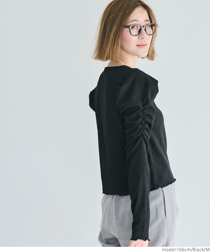 Thin pleated long sleeve round neck willow top