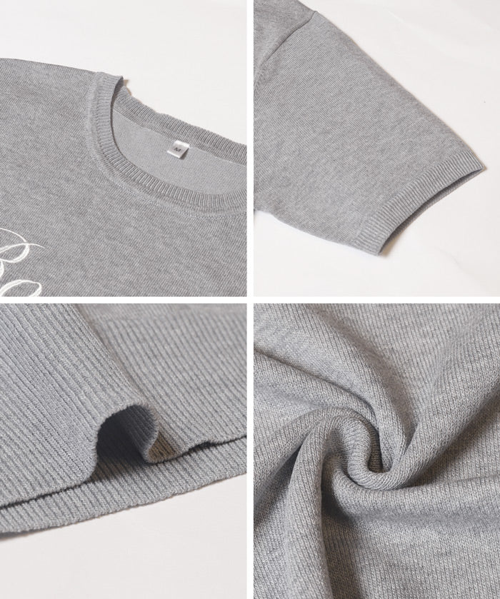 Elegant embroidered LOGO round neck short-sleeved sweater