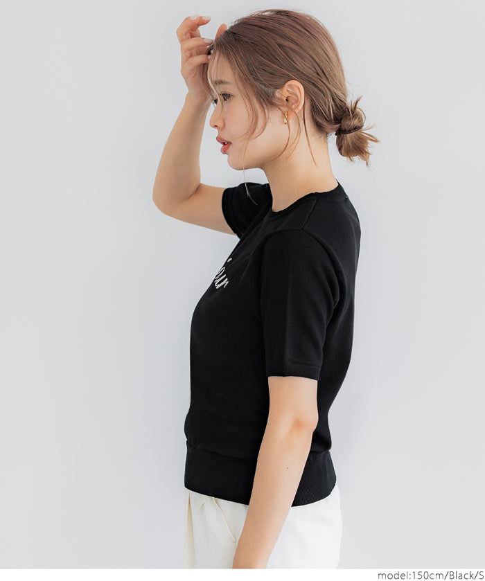 Elegant embroidered LOGO round neck short-sleeved sweater