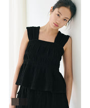 【Matchable】Textured Pleated Sleeveless Top with Ruffle Details