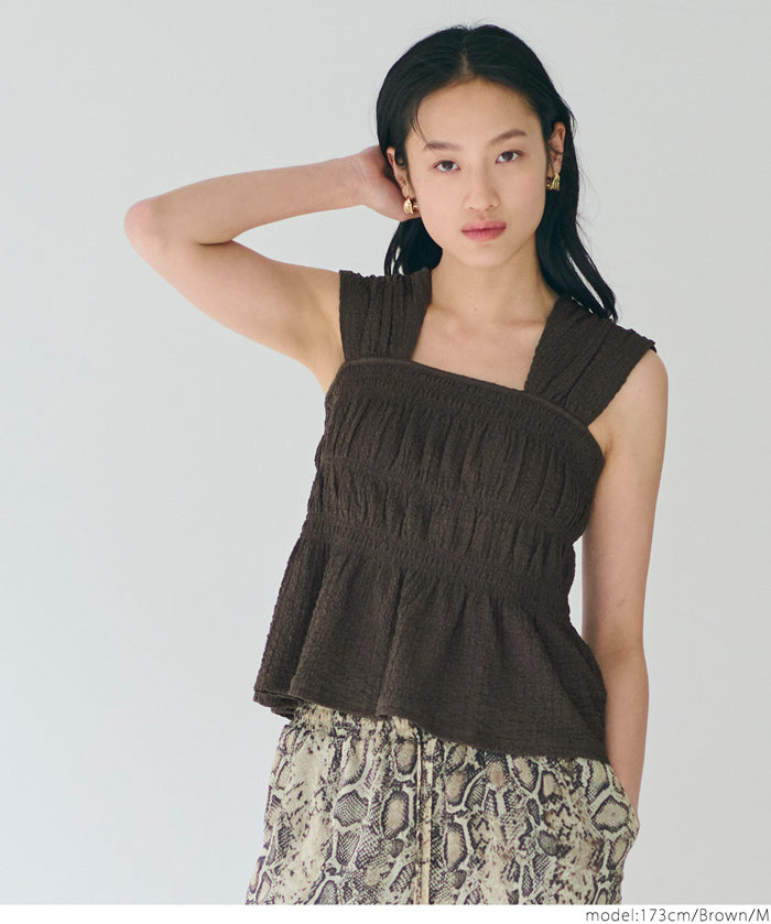 【Matchable】Textured Pleated Sleeveless Top with Ruffle Details
