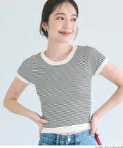 Cropped striped short-sleeved knit top