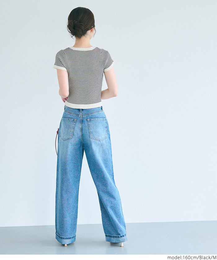 Cropped striped short-sleeved knit top