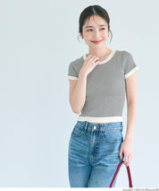 Cropped striped short-sleeved knit top