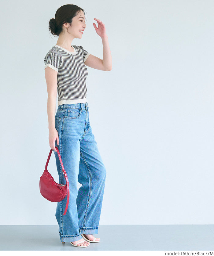 Cropped striped short-sleeved knit top