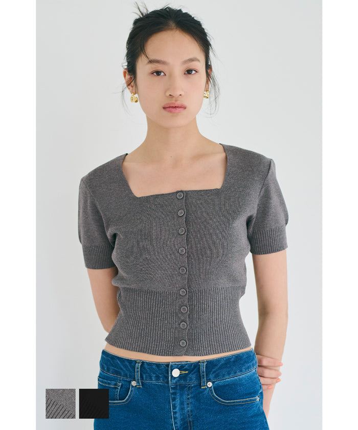Cool and sweet square neck short-sleeved knitted cardigan