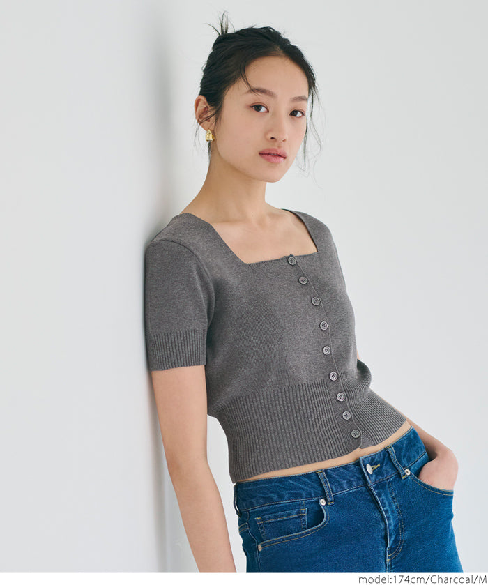 Cool and sweet square neck short-sleeved knitted cardigan
