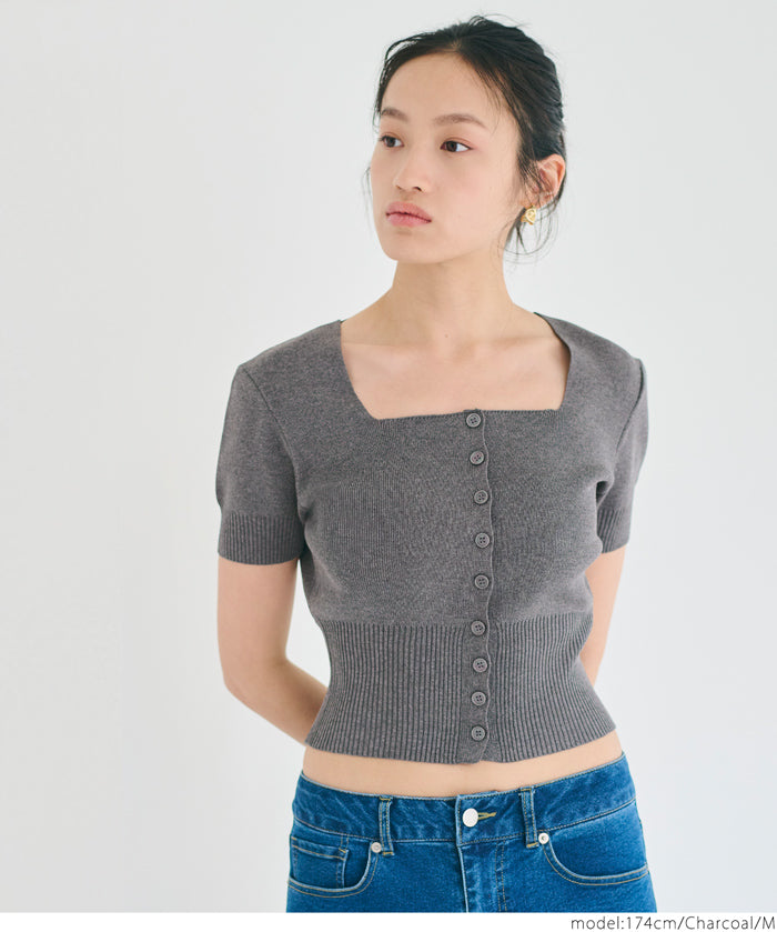 Cool and sweet square neck short-sleeved knitted cardigan