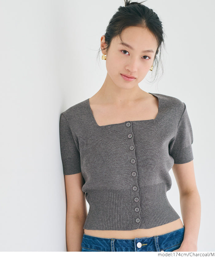 Cool and sweet square neck short-sleeved knitted cardigan