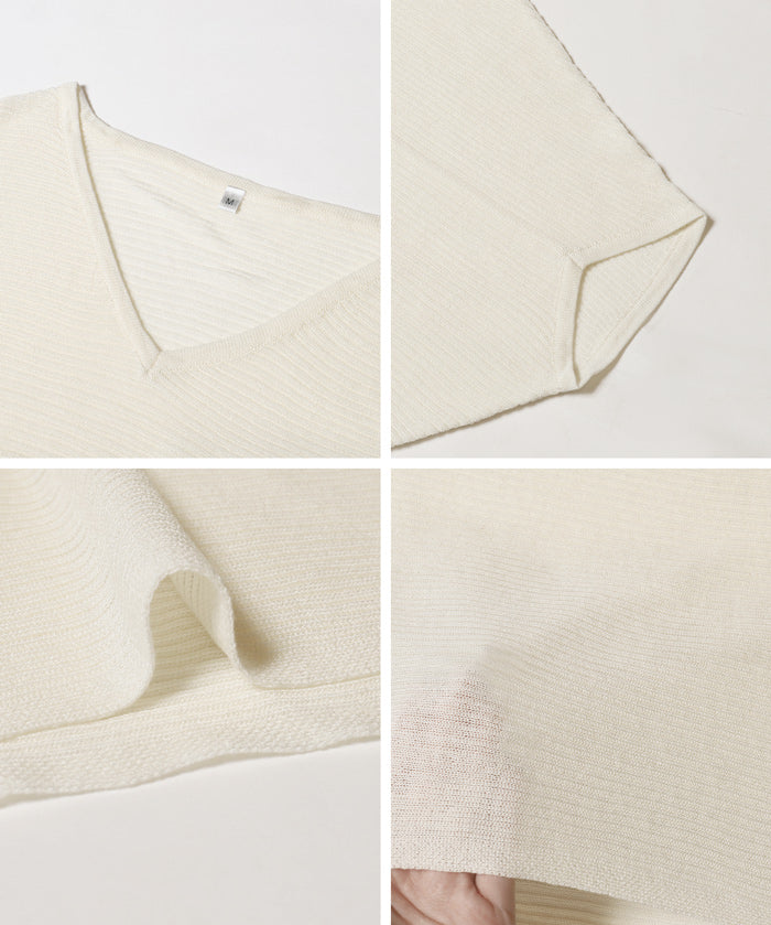 Loose Fit V-Neck Flying Squirrel Sleeve Sheer Knit Top