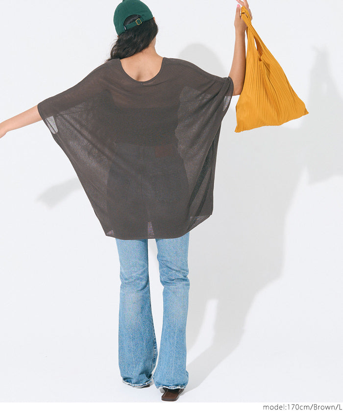 Loose Fit V-Neck Flying Squirrel Sleeve Sheer Knit Top
