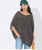 Loose Fit V-Neck Flying Squirrel Sleeve Sheer Knit Top