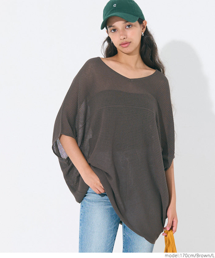 Loose Fit V-Neck Flying Squirrel Sleeve Sheer Knit Top