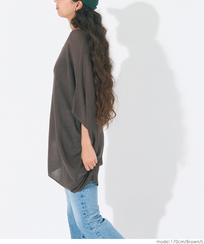 Loose Fit V-Neck Flying Squirrel Sleeve Sheer Knit Top