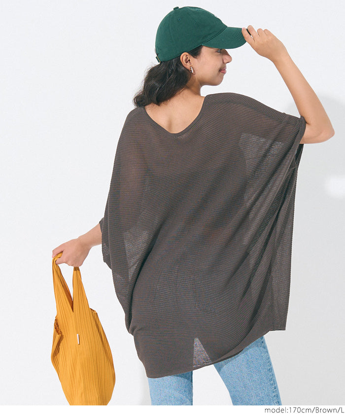 Loose Fit V-Neck Flying Squirrel Sleeve Sheer Knit Top