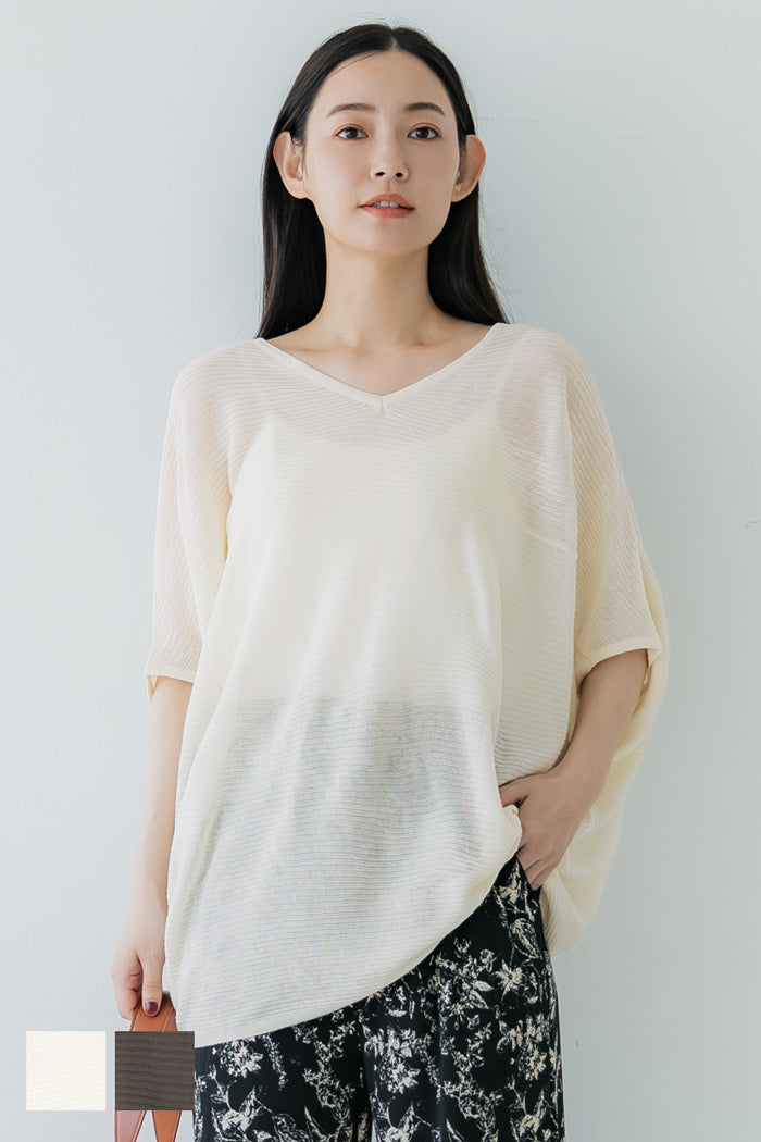 Loose Fit V-Neck Flying Squirrel Sleeve Sheer Knit Top