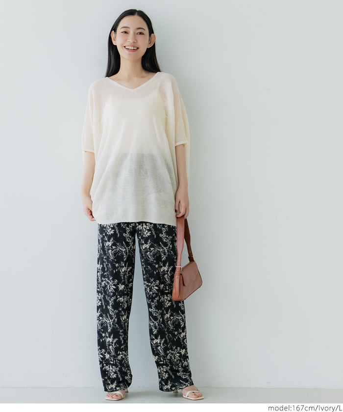 Loose Fit V-Neck Flying Squirrel Sleeve Sheer Knit Top