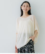 Loose Fit V-Neck Flying Squirrel Sleeve Sheer Knit Top