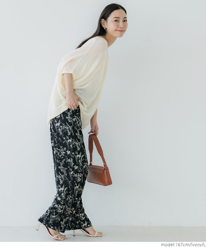 Loose Fit V-Neck Flying Squirrel Sleeve Sheer Knit Top