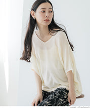 Loose Fit V-Neck Flying Squirrel Sleeve Sheer Knit Top