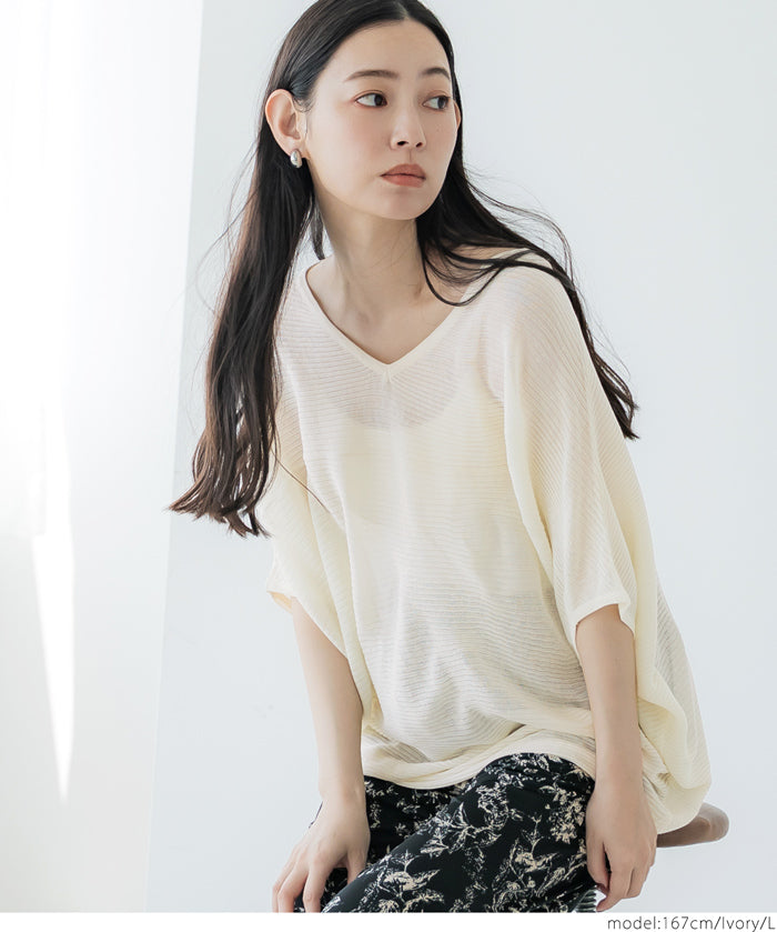 Loose Fit V-Neck Flying Squirrel Sleeve Sheer Knit Top
