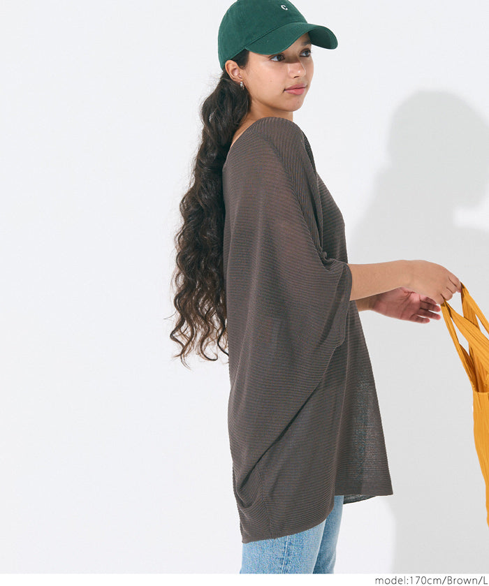 Loose Fit V-Neck Flying Squirrel Sleeve Sheer Knit Top