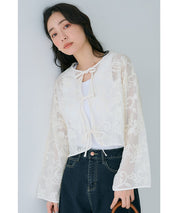 Japanese style transparent lace long-sleeved bow blouse